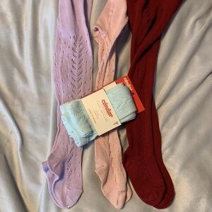 Condor tights open work crocheted pink lavender and aqua size 1 rust red size 2